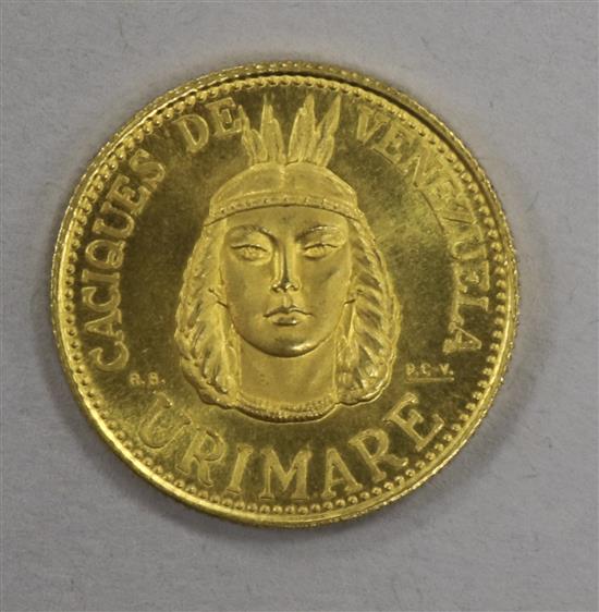 A Venezuelan Urimare Indian Chieftain Caiques proof gold token, 1957, 6g,